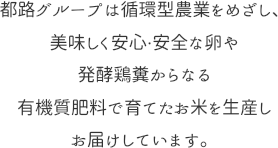 都路グループは循環型農業をめざし、美味しく安心・安全な卵や発酵鶏糞からなる有機質肥料で育てたお米を生産しお届けしています。