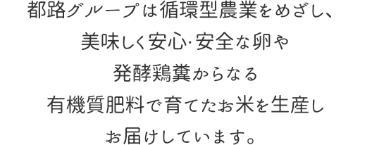 都路グループは循環型農業をめざし、美味しく安心・安全な卵や発酵鶏糞からなる有機質肥料で育てたお米を生産しお届けしています。